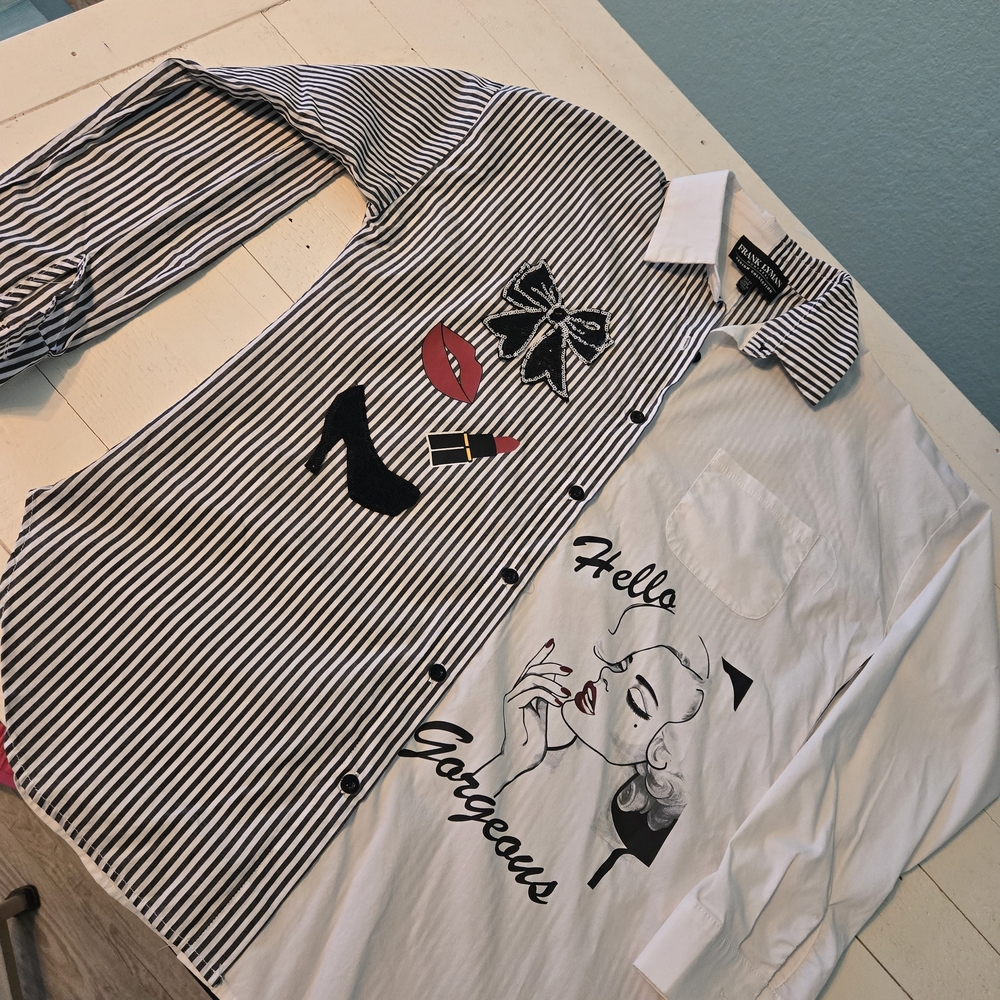 Frank Lyman Design Black and White Sequined Graphic Shirt